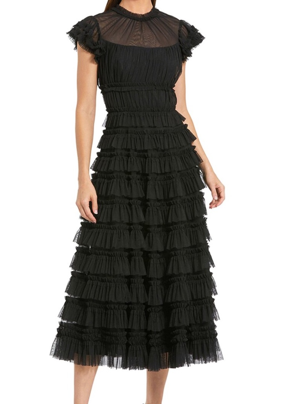 🆕 Mac Duggal Black Tiered Ruffle Midi Dress